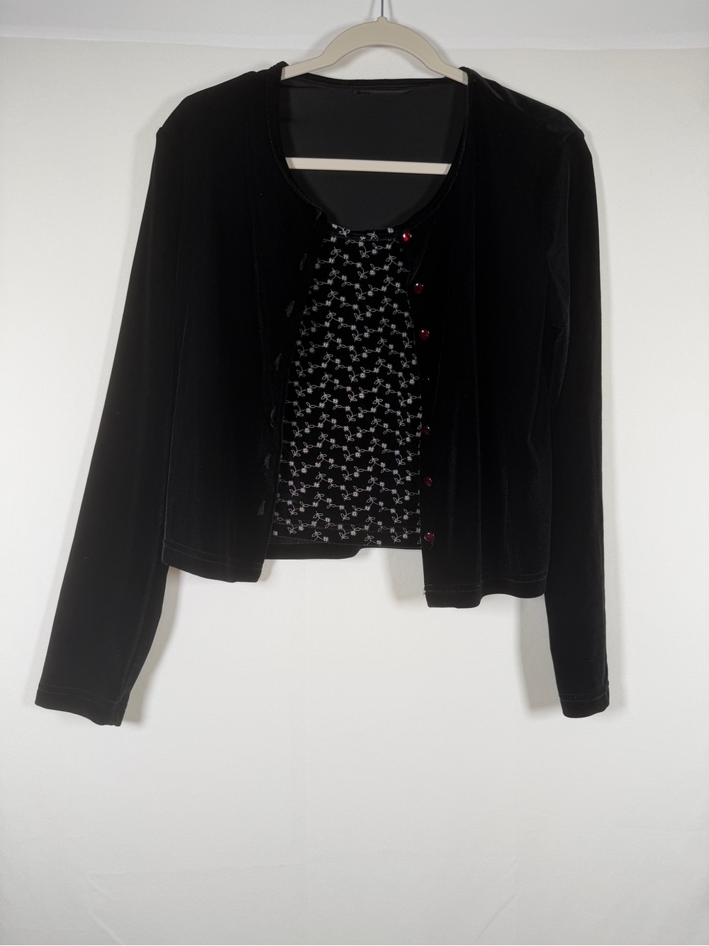 Whimsigoth Black Velvet Floral Leaf Vine Pattern Front Tank Red Button Cardigan